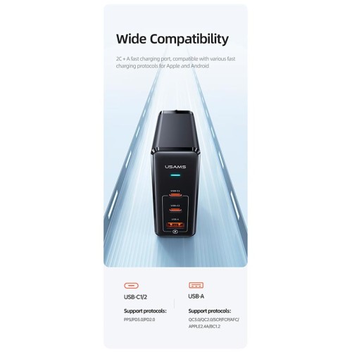 Адаптер мережевий USAMS US-UM Fast Charger Kit GaN Type-C To Type-C Cable 240W PD3.1 T52 US-CC168  |1USB/2Type-C, 140W/5A, PD/QC| black