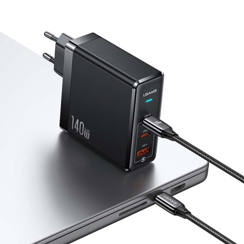 Адаптер мережевий USAMS US-UM Fast Charger Kit GaN Type-C To Type-C Cable 240W PD3.1 T52 US-CC168  |1USB/2Type-C, 140W/5A, PD/QC| black