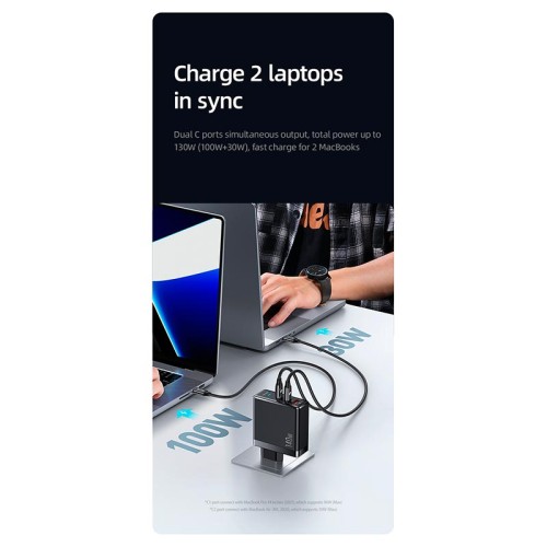 Адаптер мережевий USAMS US-UM Fast Charger Kit GaN Type-C To Type-C Cable 240W PD3.1 T52 US-CC168  |1USB/2Type-C, 140W/5A, PD/QC| black