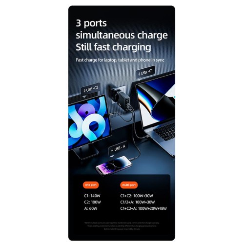 Адаптер мережевий USAMS US-UM Fast Charger Kit GaN Type-C To Type-C Cable 240W PD3.1 T52 US-CC168  |1USB/2Type-C, 140W/5A, PD/QC| black