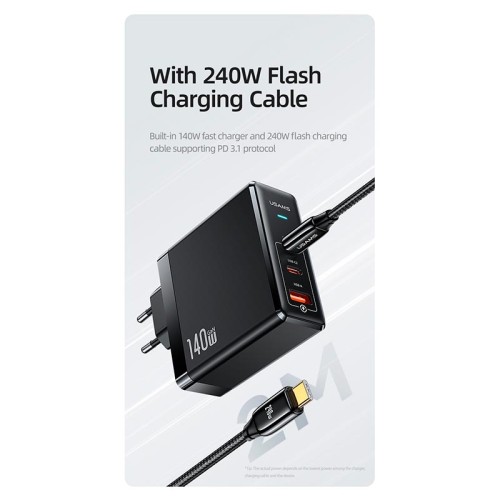 Адаптер мережевий USAMS US-UM Fast Charger Kit GaN Type-C To Type-C Cable 240W PD3.1 T52 US-CC168  |1USB/2Type-C, 140W/5A, PD/QC| black
