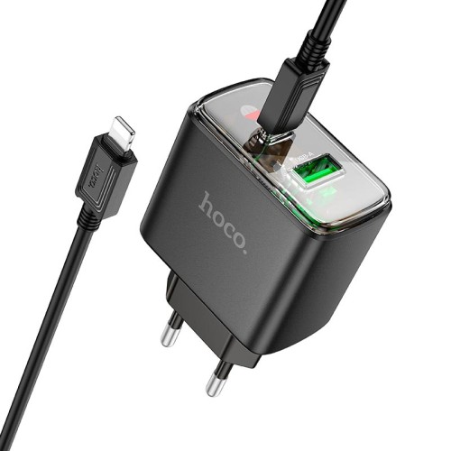 Адаптер мережевий HOCO Smart charger Type-C to Lightning cable set CS42A |1Type-C/1USB, 30W/3A, PD/QC| black