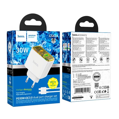 Адаптер мережевий HOCO Smart charger Type-C to Lightning cable set CS42A |1Type-C/1USB, 30W/3A, PD/QC| white
