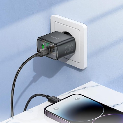 Адаптер мережевий HOCO Smart charger Type-C to Lightning cable set CS42A |1Type-C/1USB, 30W/3A, PD/QC| white
