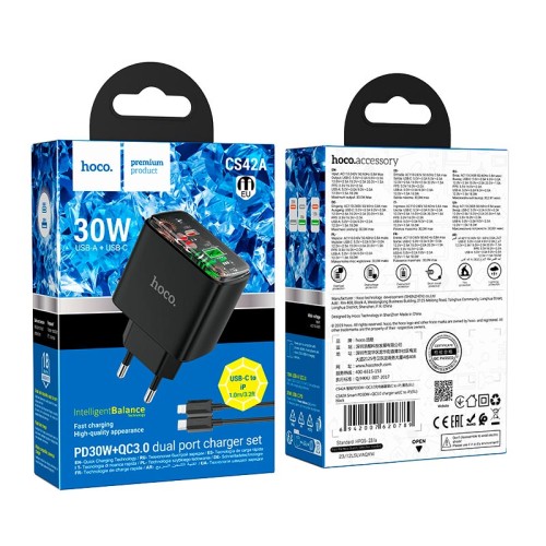 Адаптер мережевий HOCO Smart charger Type-C to Lightning cable set CS42A |1Type-C/1USB, 30W/3A, PD/QC| white