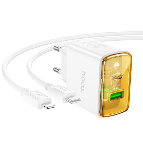 Адаптер мережевий HOCO Smart charger Type-C to Lightning cable set CS42A |1Type-C/1USB, 30W/3A, PD/QC| white