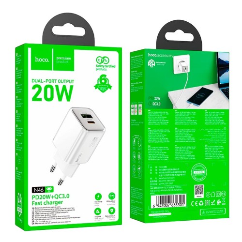 Адаптер мережевий HOCO Glorious N46 |1USB/1Type-C, 20W/3A, PD/QC| white