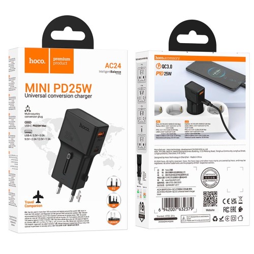 Адаптер мережевий HOCO universal travel charger AC24 Mini |1USB/1Type-C, 20W/3A, PD/QC| black