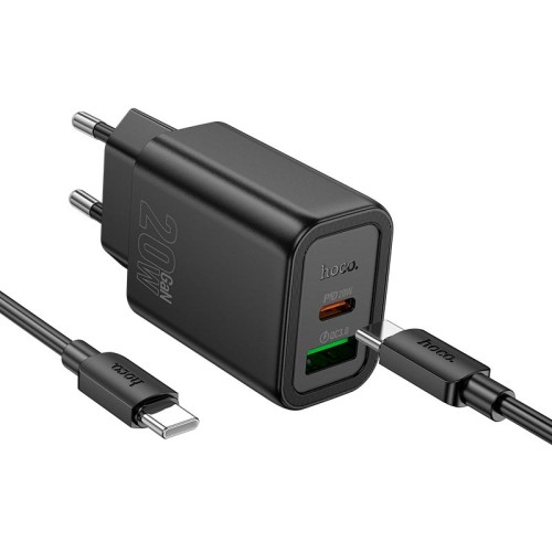 Адаптер мережевий HOCO Gentle charger N61 (Type-C to Type-C set) |1USB/1Type-C, 20W/3A, PD/QC| black