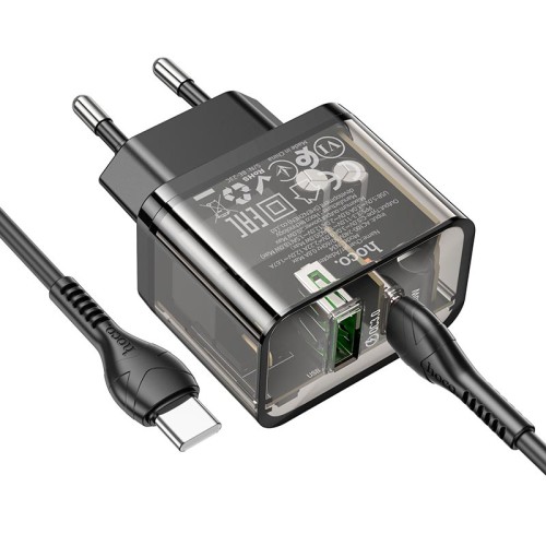Адаптер мережевий HOCO Type-C to Type-C cable Dazzling dual-port N34 |1USB/1Type-C, 20W/3A, PD/QC| transparent-black