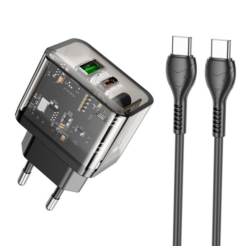 Адаптер мережевий HOCO Type-C to Type-C cable Dazzling dual-port N34 |1USB/1Type-C, 20W/3A, PD/QC| transparent-black
