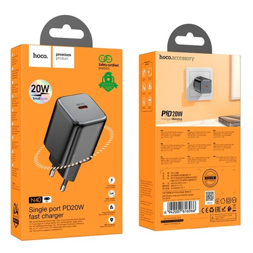 Адаптер мережевий Hoco Mighty single port charger N40 |1Type-C, 20W/3A, PD/QC| white