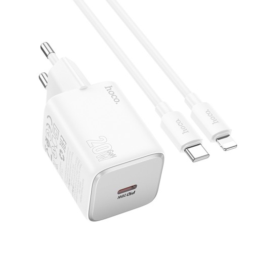 Адаптер мережевий Hoco Mighty single port charger N40 (Type-C to Lightning set) |1Type-C, 20W/3A, PD/QC| white