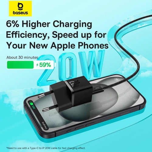 Адаптер мережевий Baseus GaN5 Fast Charger (mini) |1Type-C, 20W/3A, PD/QC| (With C to C 100W 1m cable) black