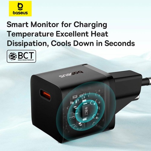 Адаптер мережевий Baseus GaN5 Fast Charger (mini) |1Type-C, 20W/3A, PD/QC| (With C to C 100W 1m cable) black