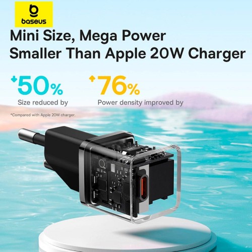 Адаптер мережевий Baseus GaN5 Fast Charger (mini) |1Type-C, 20W/3A, PD/QC| (With C to C 100W 1m cable) black
