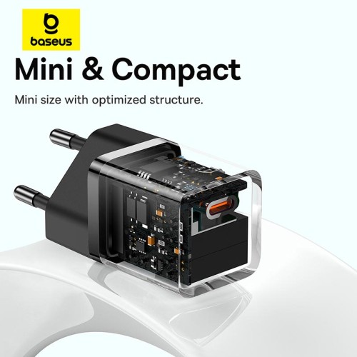 Адаптер мережевий Baseus GaN5 Fast Charger (mini) |1Type-C, 30W/3A, PD/QC| (With C to C 100W 1m cable) black