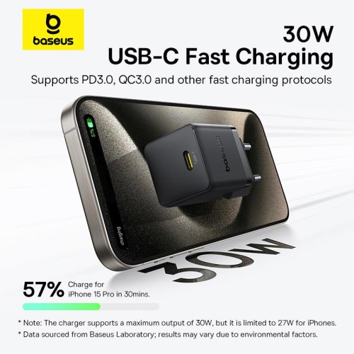 Адаптер мережевий Baseus Palm Fast Charger |1Type-C, 30W/3A, PD/QC| black