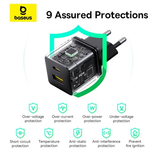 Адаптер мережевий Baseus Palm Fast Charger |1USB/1Type-C, 30W/3A, PD/QC| black
