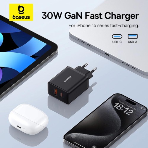 Адаптер мережевий Baseus Cube Fast Charger |1USB/1Type-C, 30W/3A, PD/QC| black