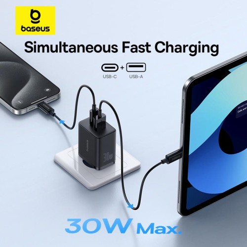Адаптер мережевий Baseus Cube Fast Charger |1USB/1Type-C, 30W/3A, PD/QC| black