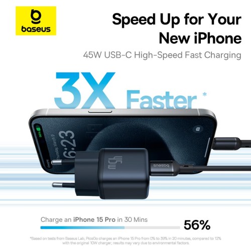 Адаптер мережевий Baseus PicoGo GaN Fast Charger |1Type-C, 45W/3A, PD/QC| black