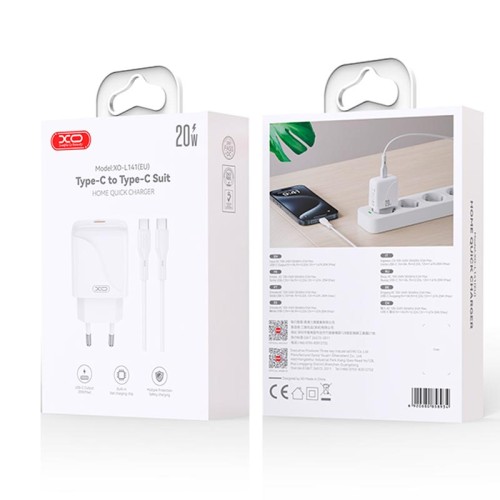 Адаптер мережевий XO Type-C to Type-C Cable Single USB-C Fast Charger L141 |20W/3A, PD/QC| white