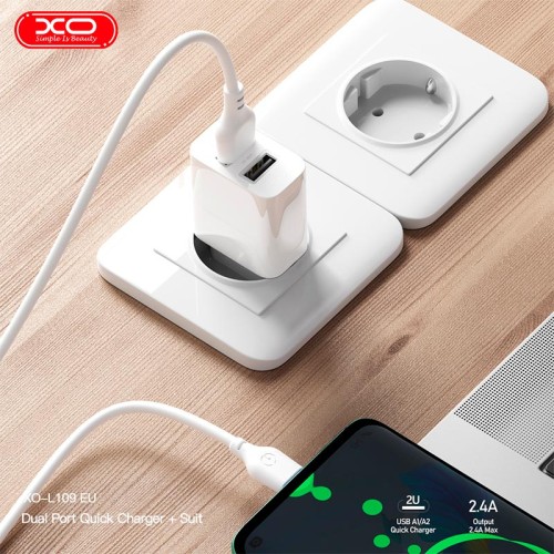 Адаптер мережевий XO Lightning Cable Dual USB Charger L109 |2USB, 2.4A| white