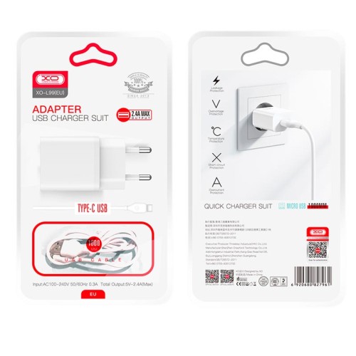 Адаптер мережевий XO Type-C USB Cable Home charger L99 |1USB, 2.4A| white