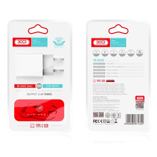 Адаптер мережевий XO Type-C Cable Dual USB charger L65 |2USB, 2.4A| white