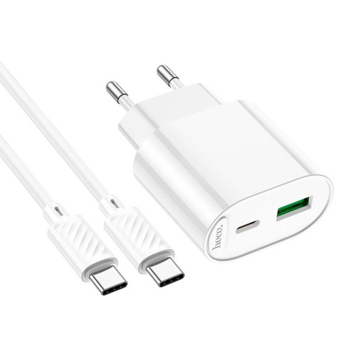 Адаптер мережевий HOCO Type-C to Type-C Fighter charger set C109A |1Type-C/1USB, 3A/20W, PD/QC| white