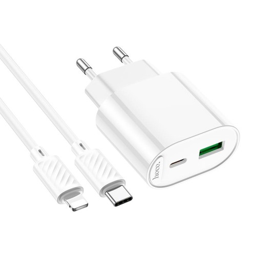 Адаптер мережевий HOCO Type-C to Lightning Fighter charger set C109A |1Type-C/1USB, 3A/20W, PD/QC| white