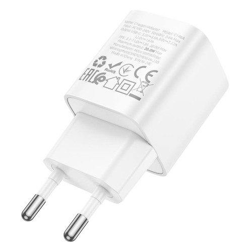 Адаптер мережевий HOCO Charm single port PD charger C146A |1Type-C, 20W/3A, PD/QC| white