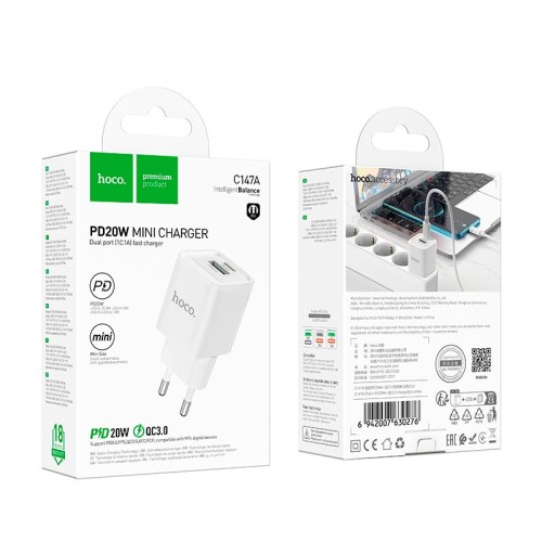 Адаптер мережевий HOCO Charm charger C147A |1USB/1Type-C, 20W/3A, PD/QC| white