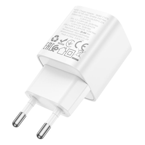Адаптер мережевий HOCO Charm charger C147A |1USB/1Type-C, 20W/3A, PD/QC| white