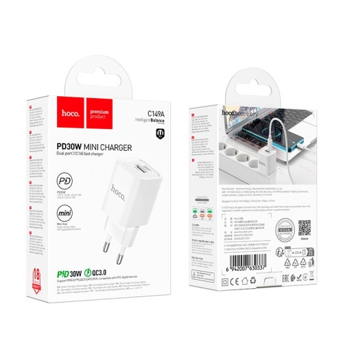 Адаптер мережевий HOCO Charm charger C149A |1USB/1Type-C, 30W/3A, PD/QC| white