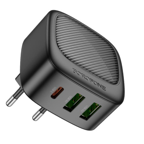 Адаптер мережевий Borofone Lucky PD charger BAS23A |2USB/1Type-C, 30W/3A, PD/QC| black