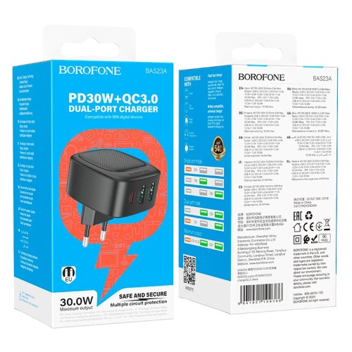 Адаптер мережевий Borofone Lucky PD charger BAS23A |2USB/1Type-C, 30W/3A, PD/QC| black