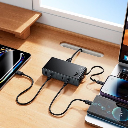 Адаптер мережевий HOCO Modern PD desktop charger with telescopic cable C151A |1USB/6Type-C, 50W/3A, PD/QC| black