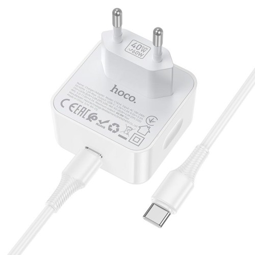 Адаптер мережевий HOCO C to C cable Speed single port PD charger set C161A |1Type-C, 40W/3A, PD/QC| white
