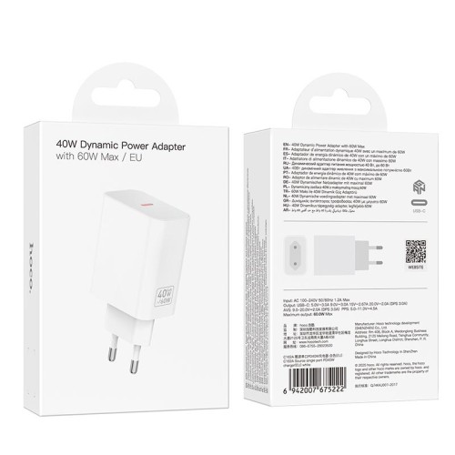 Адаптер мережевий HOCO Source single port PD charger C162A |1Type-C, 40W/3A, PD/QC| black