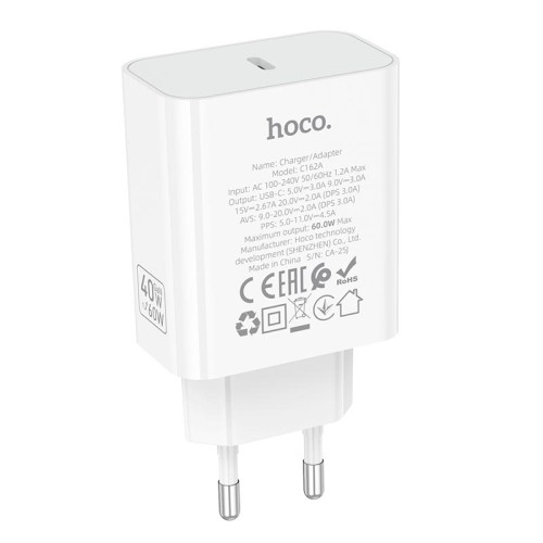 Адаптер мережевий HOCO Source single port PD charger C162A |1Type-C, 40W/3A, PD/QC| black