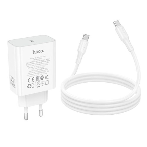 Адаптер мережевий HOCO C to C cable Source single port PD charger set C162A |1Type-C, 40W/3A, PD/QC| white