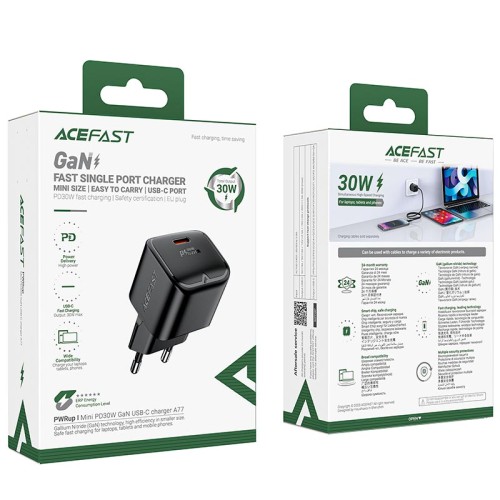 Адаптер мережевий ACEFAST PD mini GaN USB-C charger A77 |1USB-C, 30W/3A| black