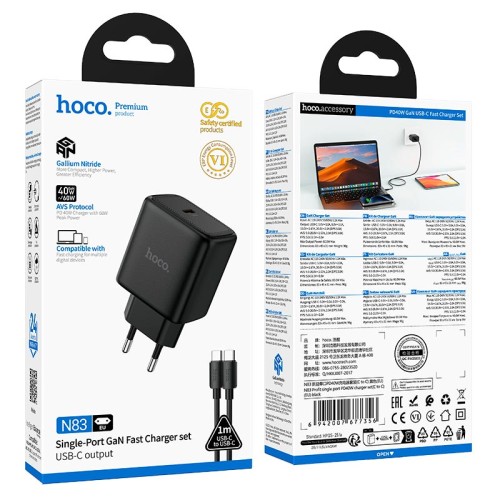 Адаптер мережевий HOCO C to C cable Profit single port PD charger set N83 |1Type-C, 40W/3A, PD/QC| black