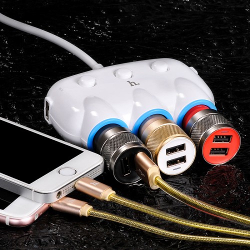 Адаптер автомобільний HOCO dual USB triple cigarette lighter charging adapter |3 Sockets/2USB, 3.1-12A, 15.5W| white