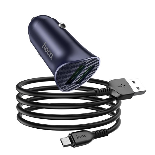Адаптер автомобільний HOCO Micro USB cable Farsighted dual port QC3.0 car charger set Z39 |2USB, QC3.0, 3A/18W| blue