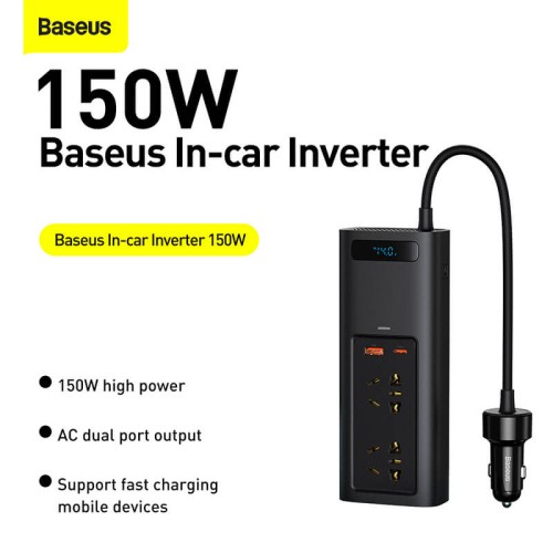 Автомобільний перетворювач напруги BASEUS In-car Inverter 150W (220V EU/CN) |2Sockets EU/CN 220V, 1USB/1Type-C, 0.4m| (CRNBQ-A01 black