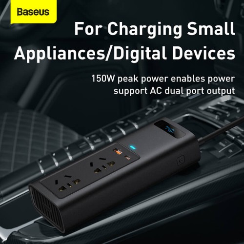 Автомобільний перетворювач напруги BASEUS In-car Inverter 150W (220V EU/CN) |2Sockets EU/CN 220V, 1USB/1Type-C, 0.4m| (CRNBQ-A01 black