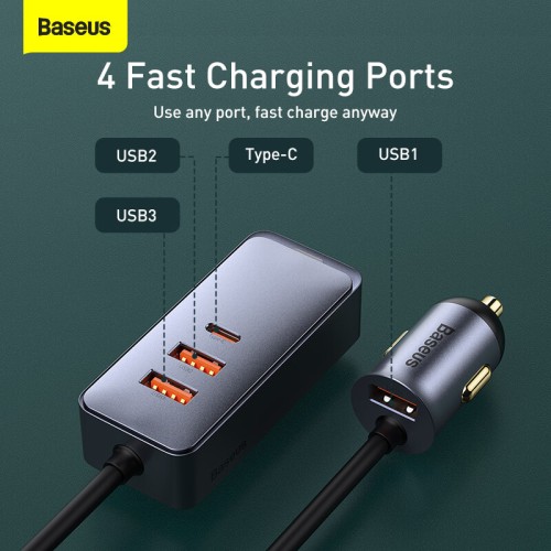 Адаптер автомобільний BASEUS Share Together PPS multi-port Fast charging car charger with cord |3USB/1Type-C, 3A/120W, QC/PD, 1.5m| (CCBT-B0G) grey